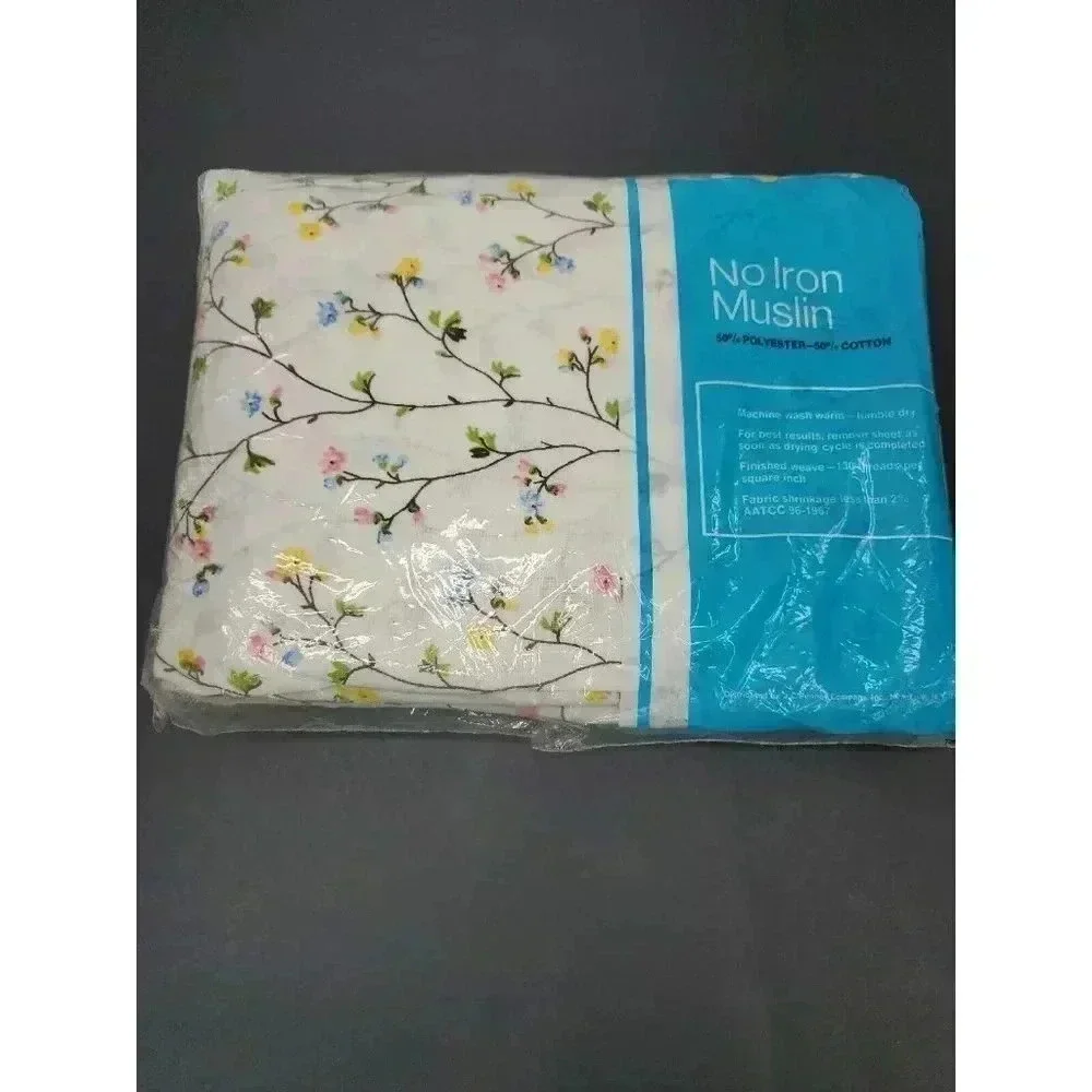 Vintage JcPenney New In Package No Iron Muslin Fitted Sheet Full Size Floral NOS